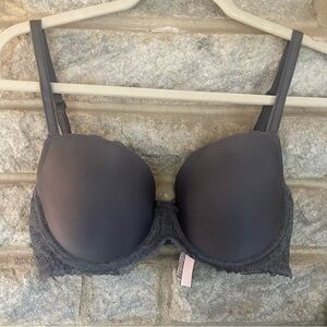 Victoria Secret Dream Angles Demi Push Up Elegant Gray Lace Bra Size 34DD